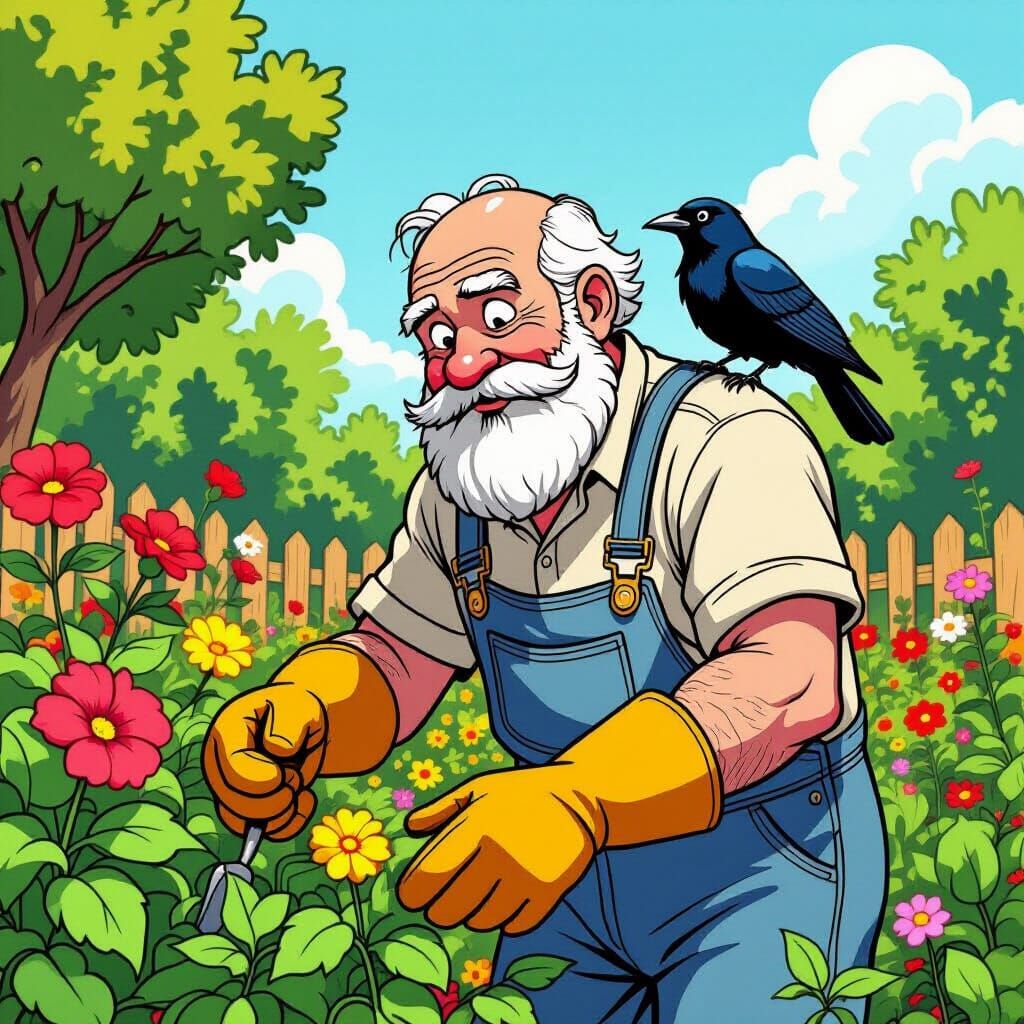 Cartoon Gardener with Crow Friend
