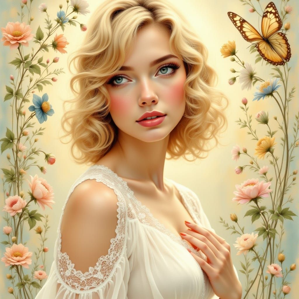 Curvy Blonde Woman Posing in Art Nouveau Style