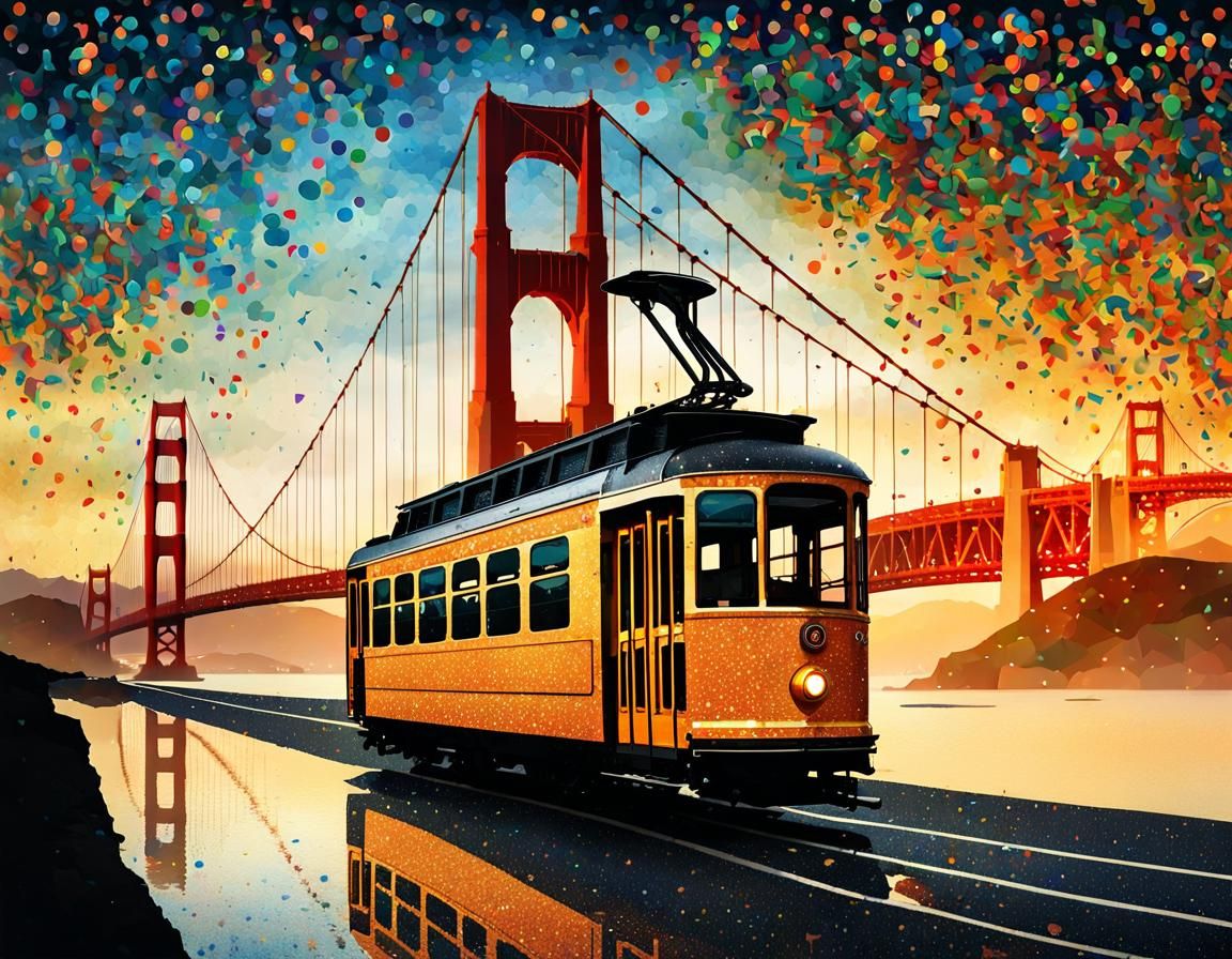 Golden Gate Tram Silhouette in Pointillism Mosaic