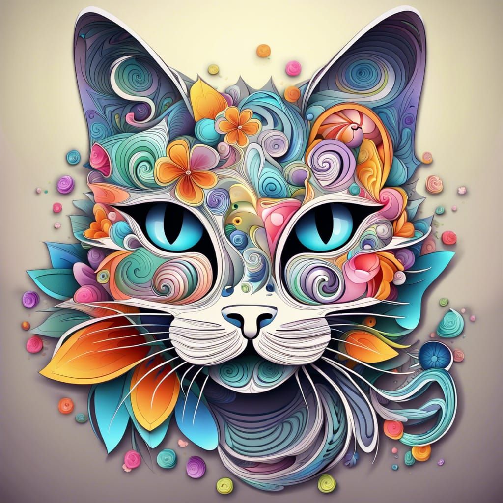 Colorful Abstract Cat with Flowers in Vector Style