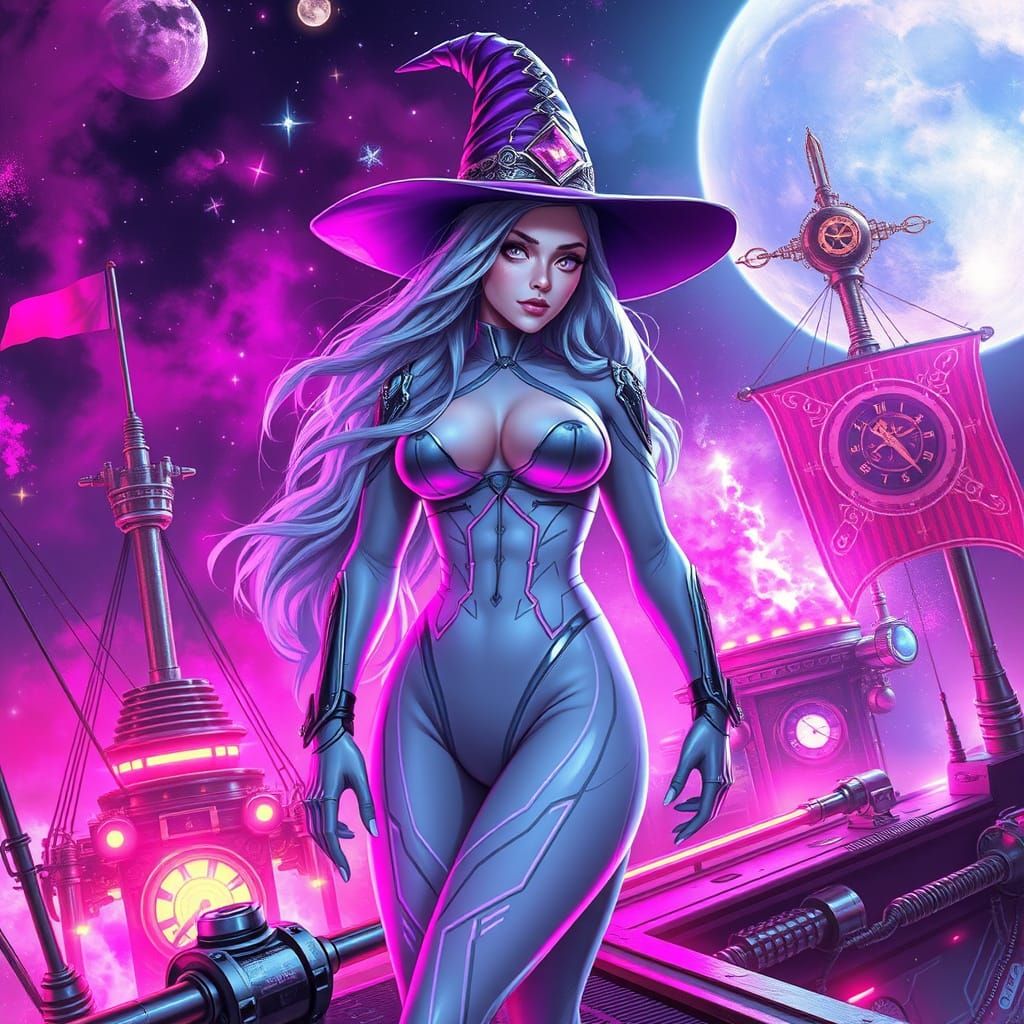 Cyberpunk Sorceress in a Radiant, Neon-Lit Nebula