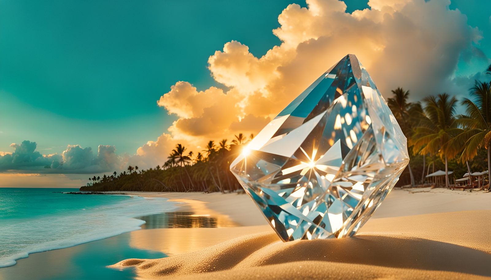 Giant Diamond Washed Ashore: Tropical Beach Sunset