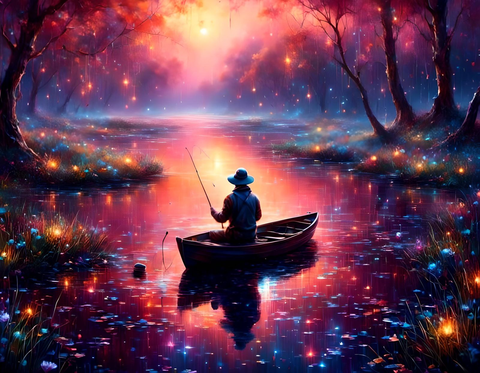 Lonely Fisherman in Cosmic Pond: Photorealistic