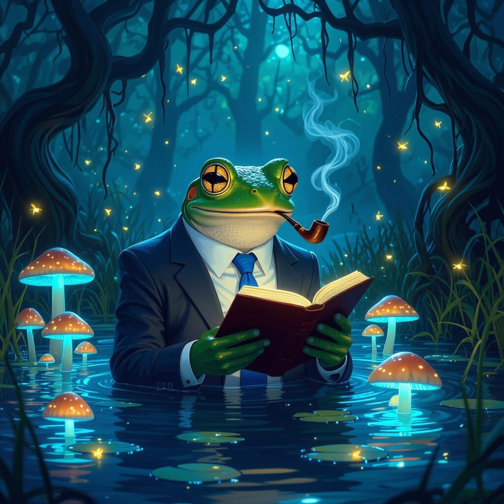 Bioluminescent Mushrooms and Intellectual Frog in Pond