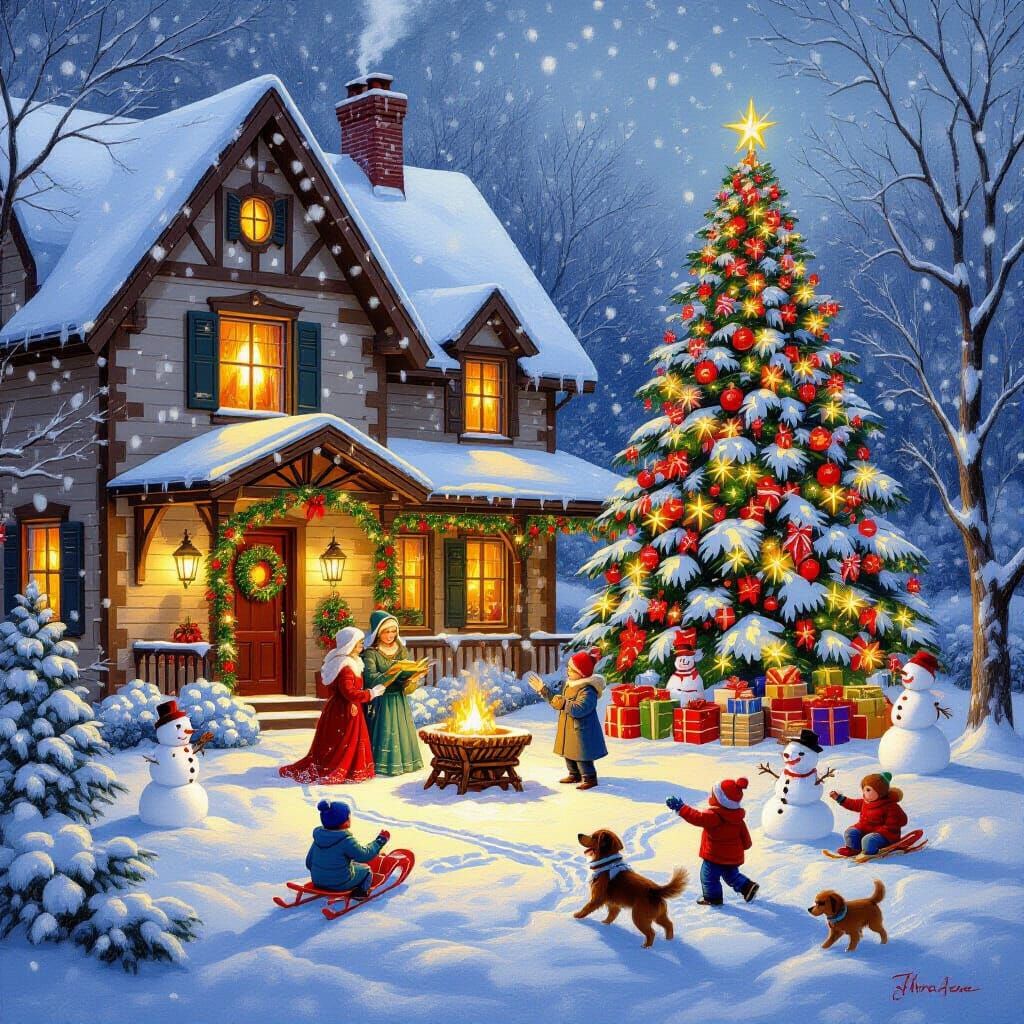 Cozy Christmas Nativity Scene and Family Home in Snow