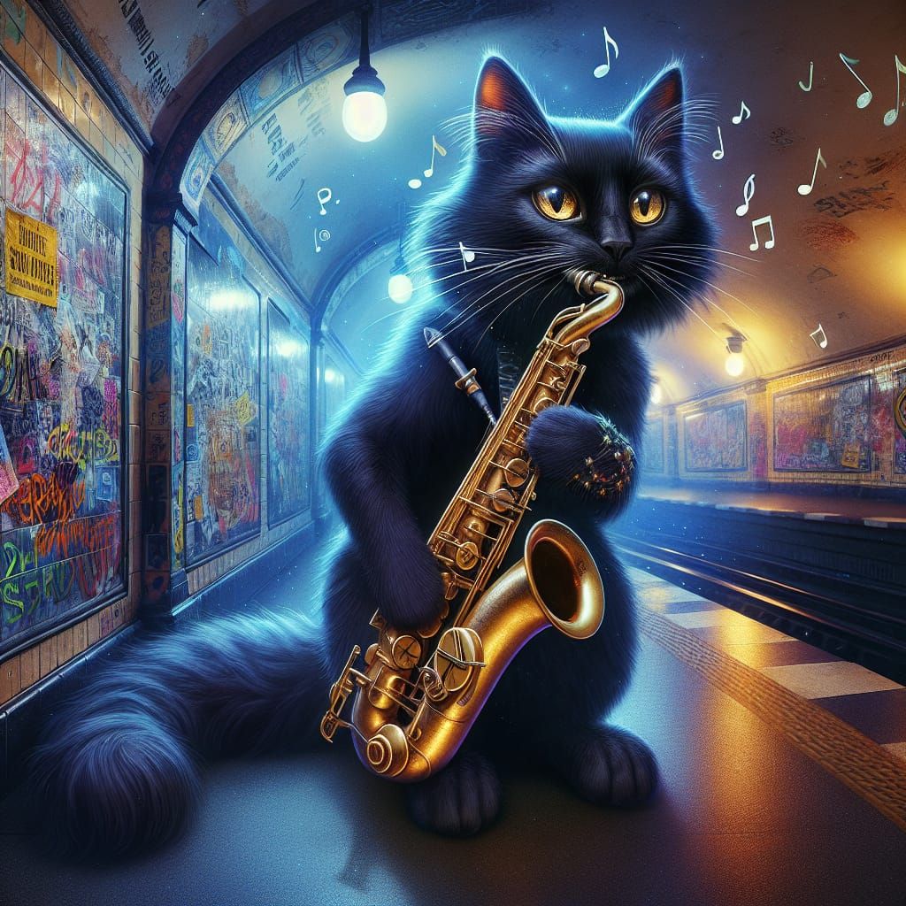 Black Cat Jazz Saxophonist in Underground Railway Station