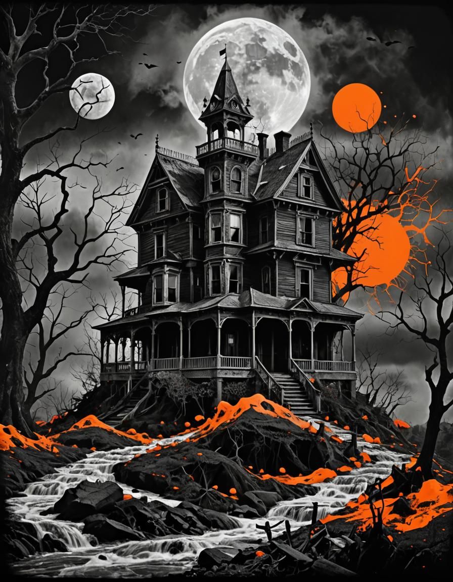 Ethereal Haunted House: Selective Color Collage Art