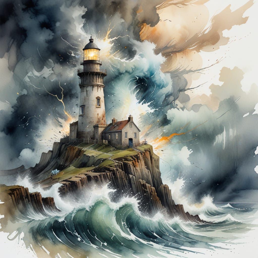 Lighthouse in Stormy Seas: Watercolor Art