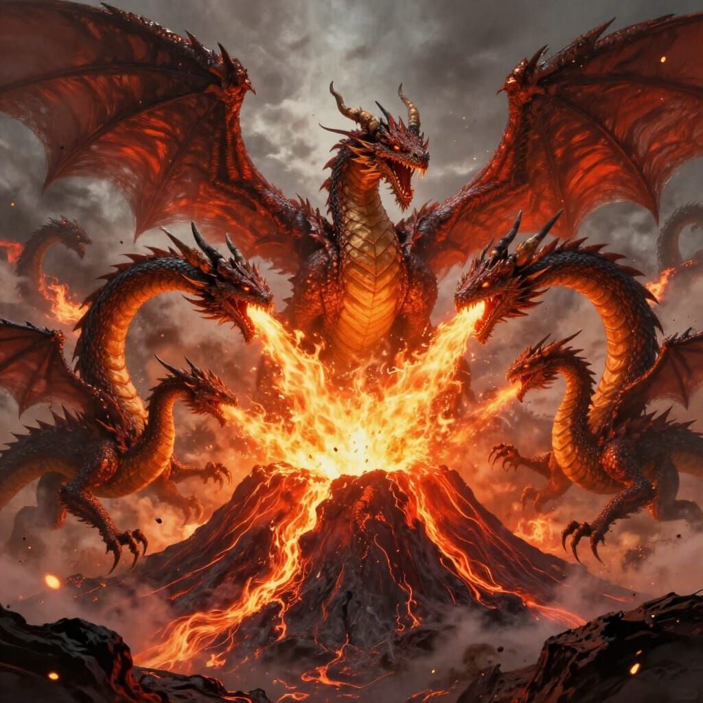 Epic Dragon Battle Over Volcanic Peak in Digital Matte Paint...