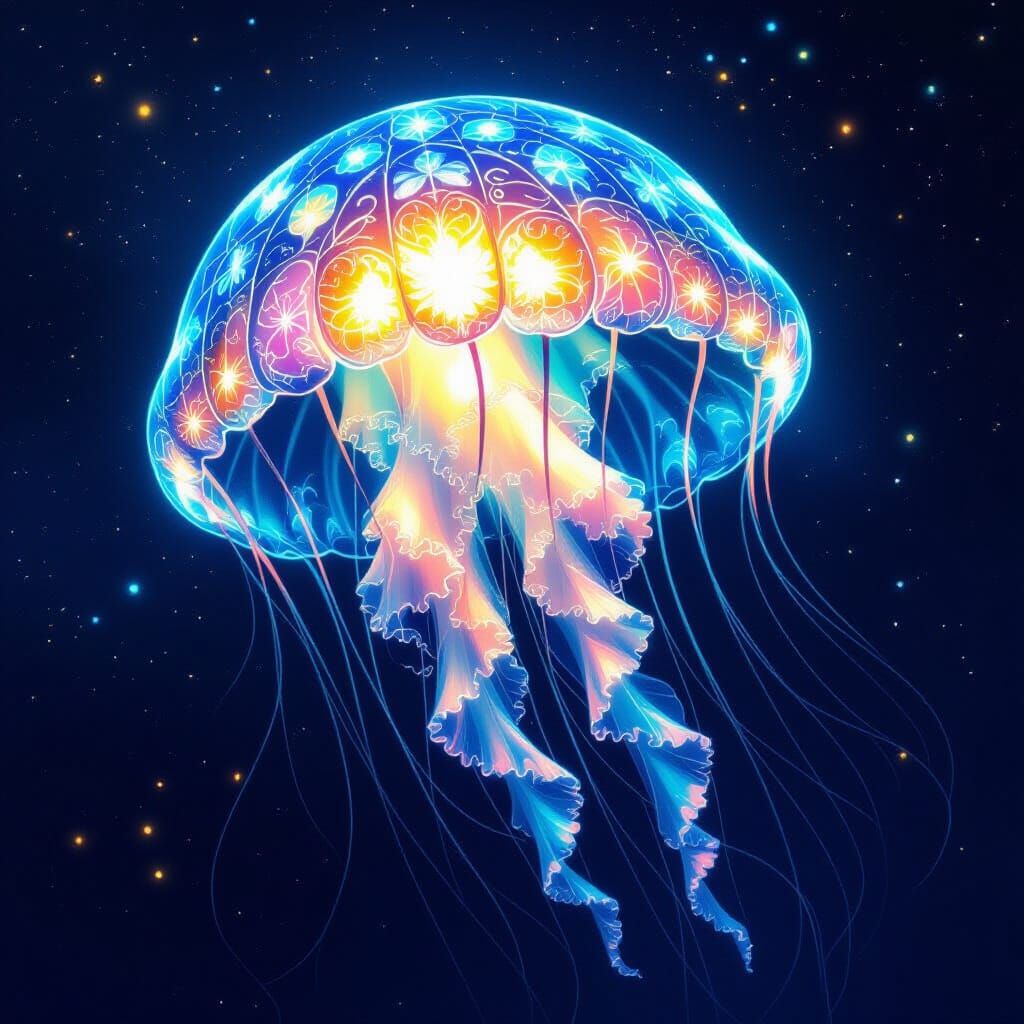 Bioluminescent Jellyfish Adrift in Deep Space