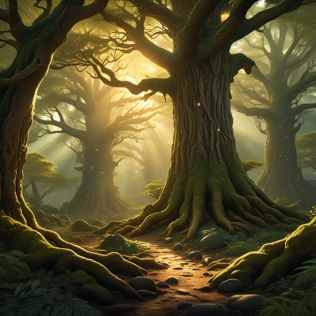 Enchanting Grove of Ancient Trees in Golden Hour Light