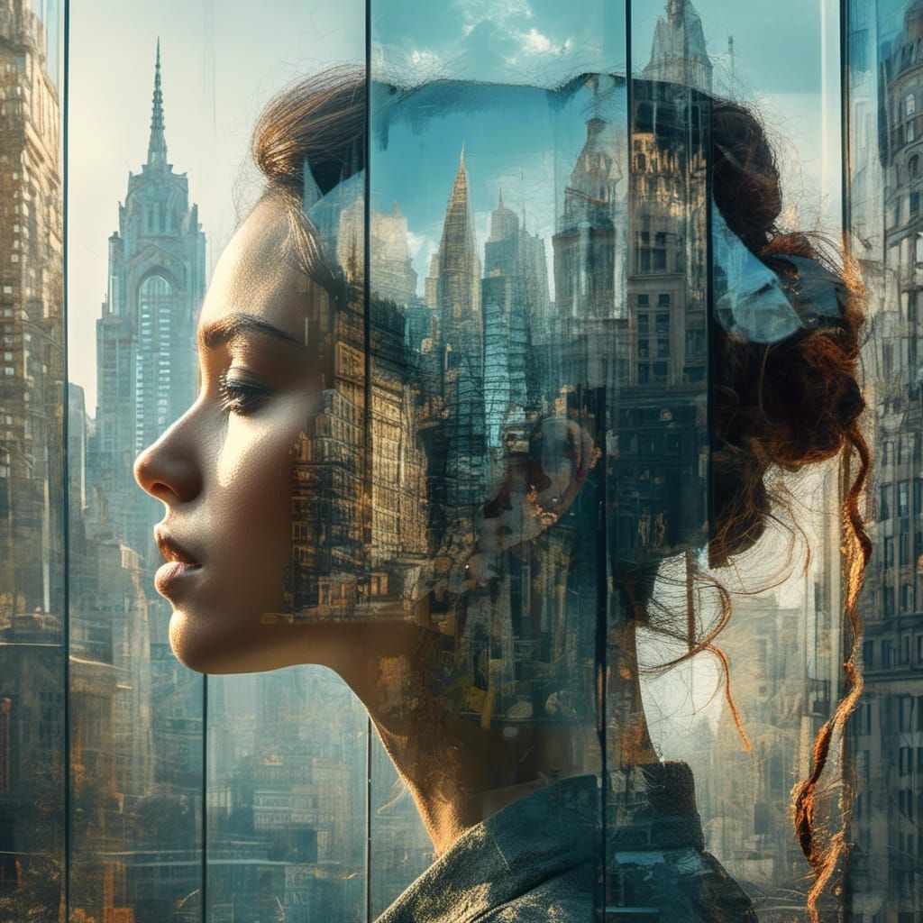 Woman's Reflection in Mirrored Skyscraper, Hyperdetailed Por...