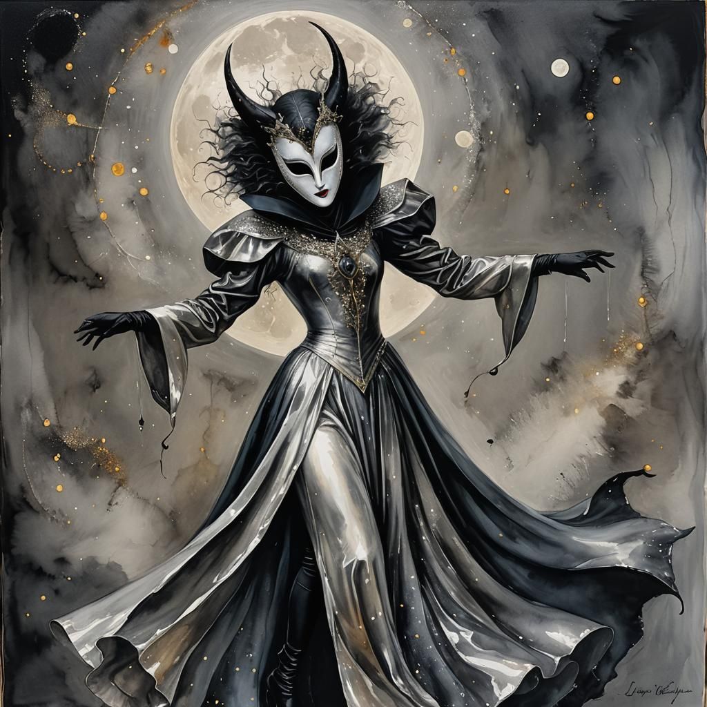 masked figure, silver moon, masquerade, sinister dance, sparkling, alcohol ink, Leonora Carrington, WLOP