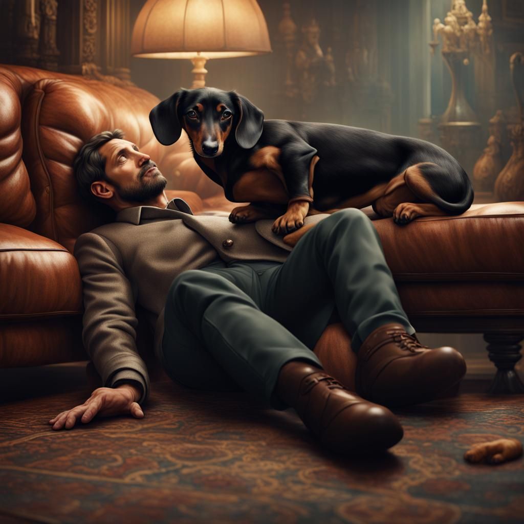 Man and Dachshund: Detailed Matte Painting