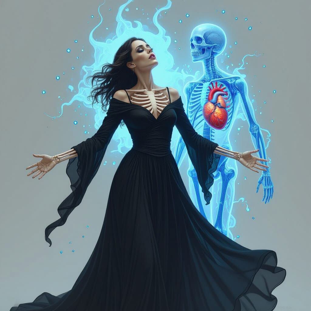 Bioluminescent Skeleton with Plasma Heart in Dark Fantasy St...