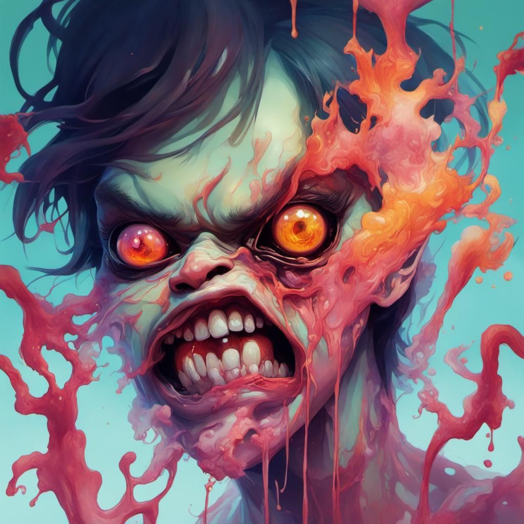 Distorted Liquid Face in Technicolor Horror Style