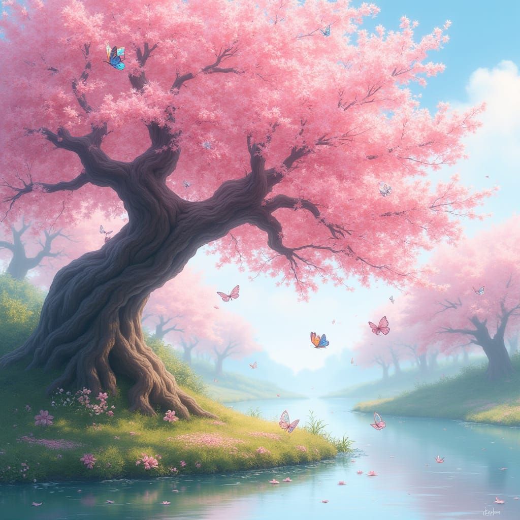 Majestic Cherry Blossom Tree in Dreamlike Realism