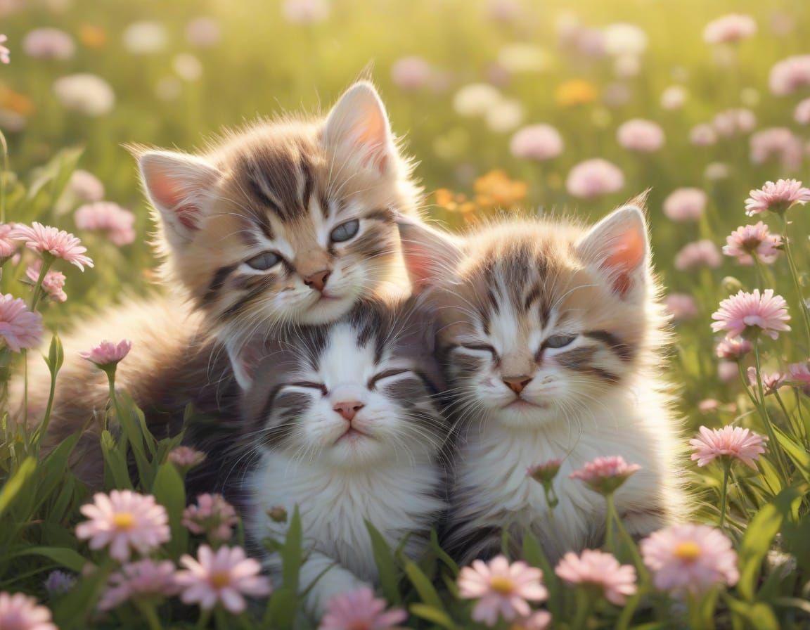 Kittens Cuddle and Sleep in Floral Field