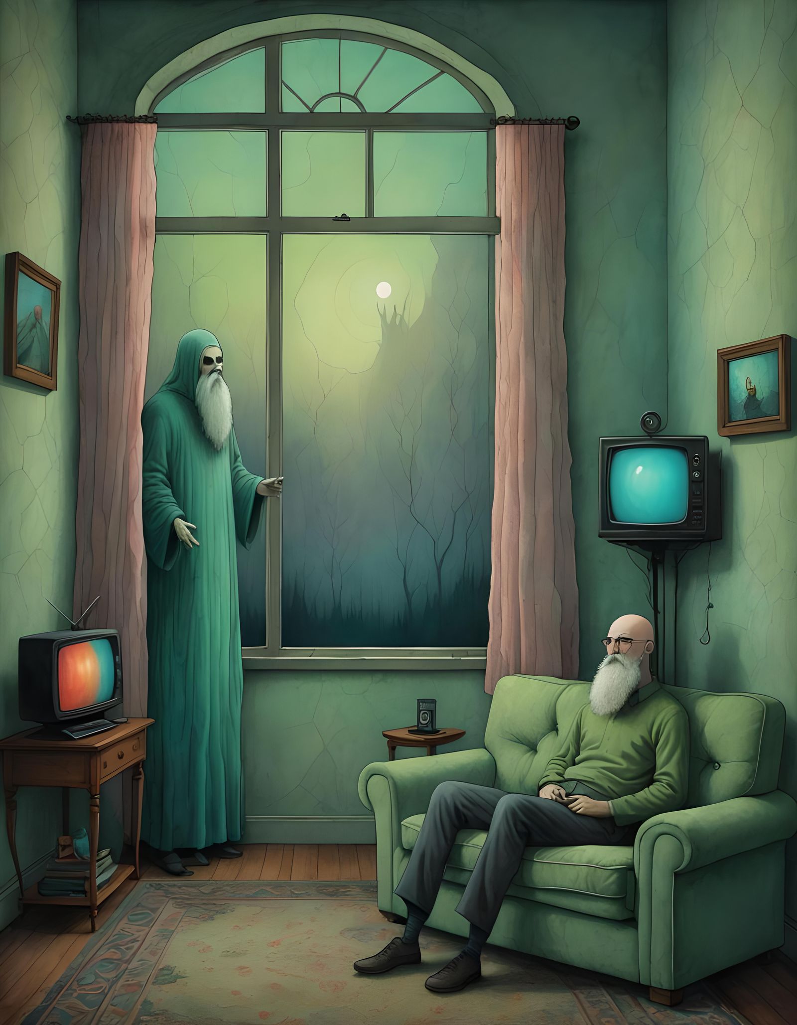 Man Watched by Ghostly Figure in Pastel Colors