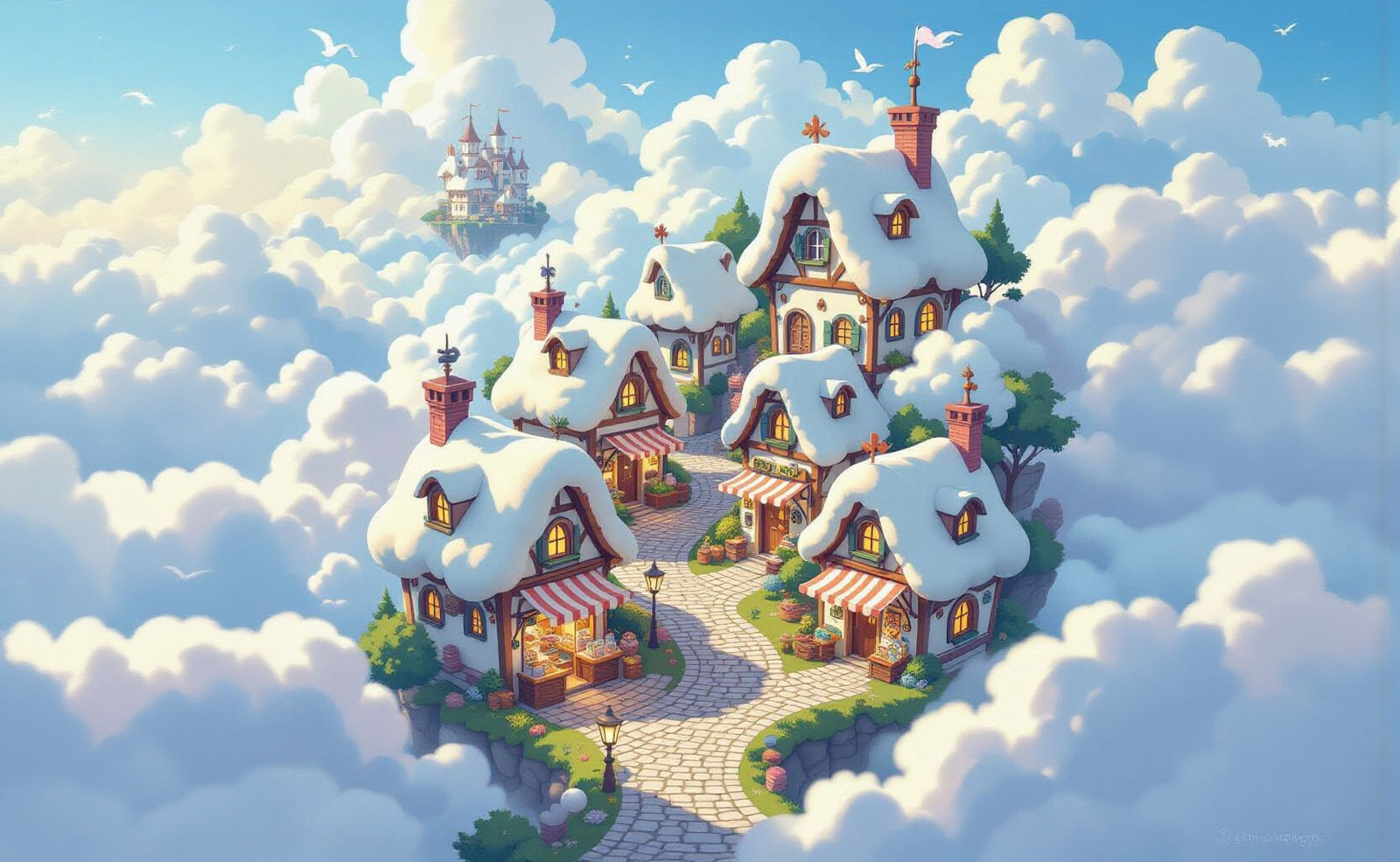 Magical Cloud Village: Cartoonish & Whimsical Aerial View