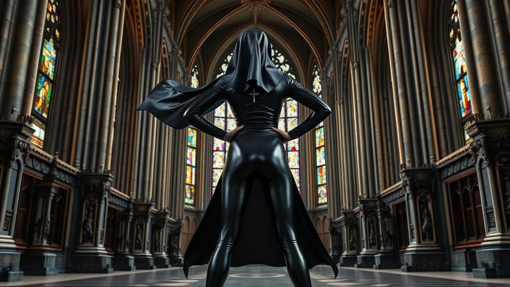 A nun clad in a skintight, high-gloss black latex habit, complete with a flowing cape and intricate silver crucifix, sta...