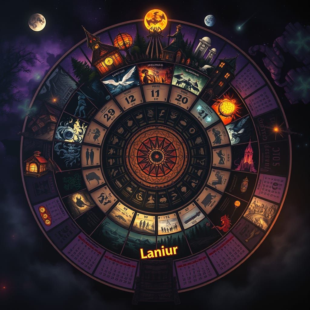 Baltic Mythology Ritual Year Calendar in Dark Fantasy Style