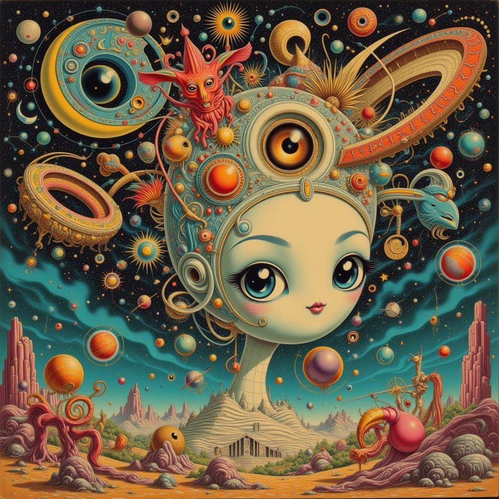 Retro Futuristic Sci-Fi Horror Poster with Cute Sky Face