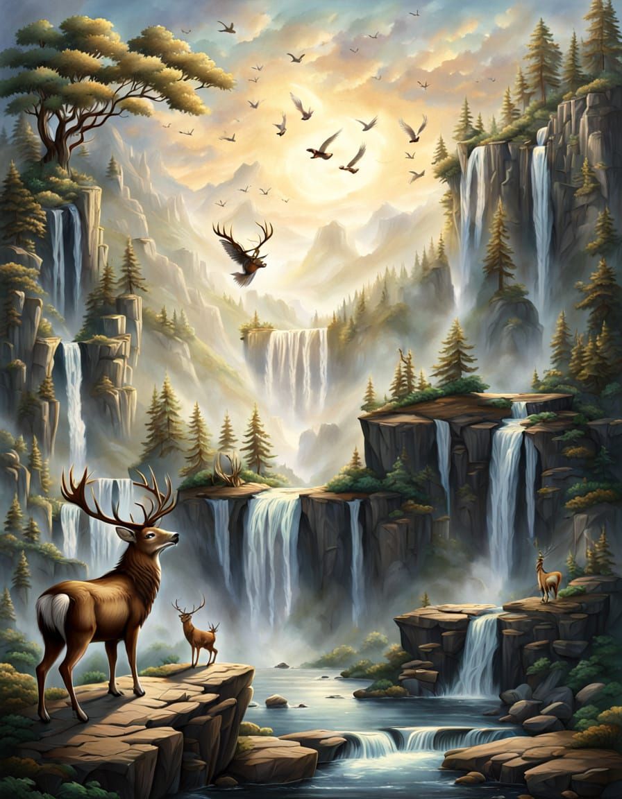 Medieval Landscape with Waterfalls and Wildlife