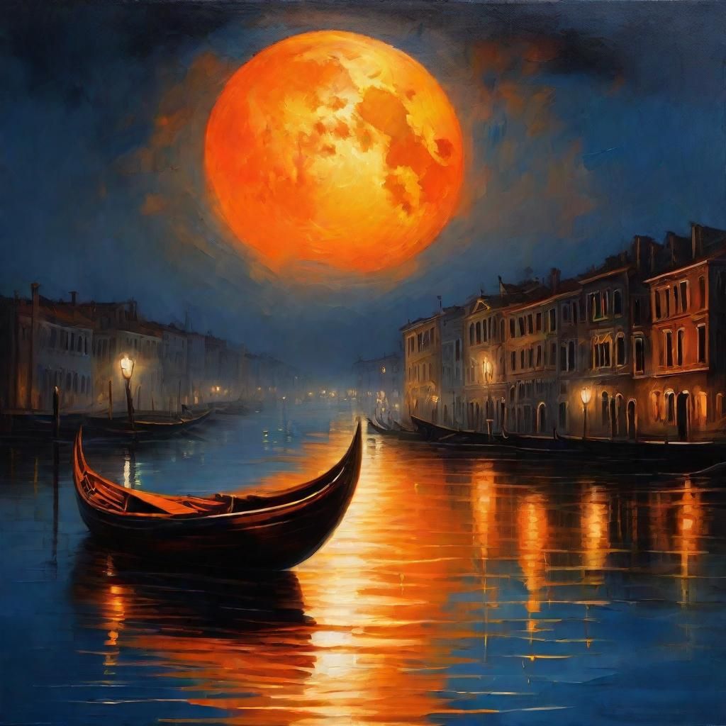 Venice Boat Under Orange Moon: Oil Painting