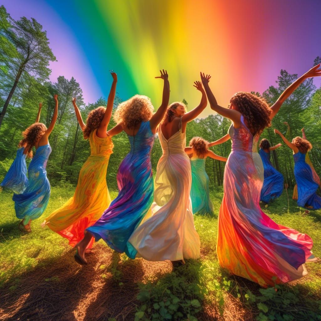 Women Dancing in Woods: Maximalist Rainbow Scene