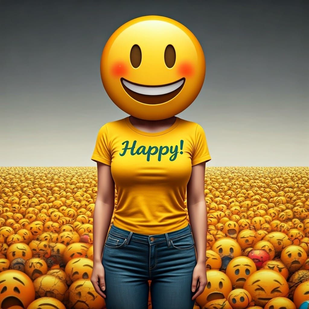 Woman with Happy Face Mask in Emoji Field