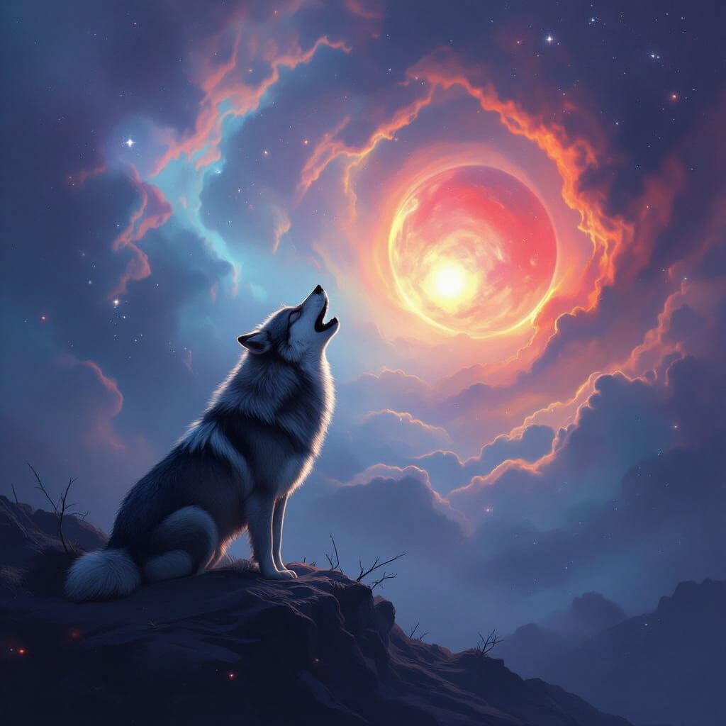 Cosmic Wolf Howling at Red Planet in Digital Painting Style
