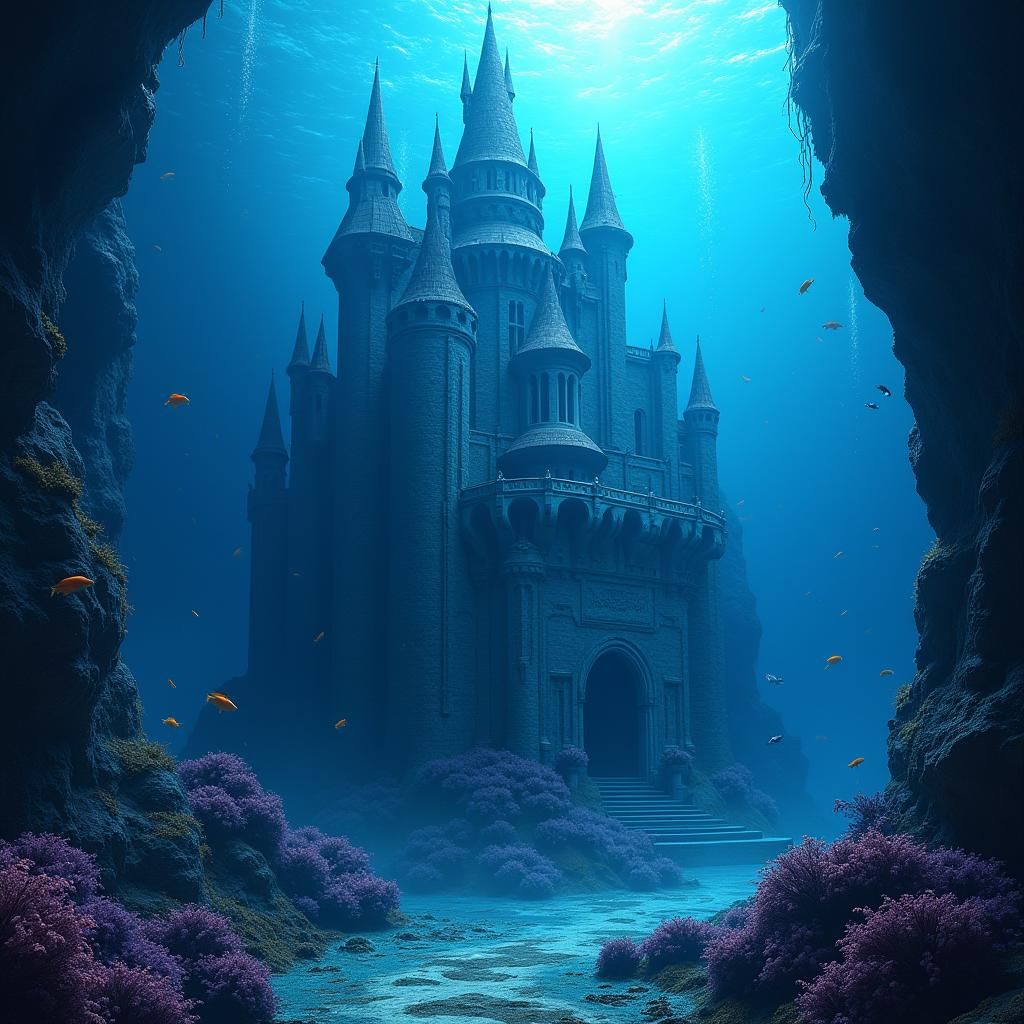 Underwater Castle with Bioluminescent Flora in Matte Paintin...