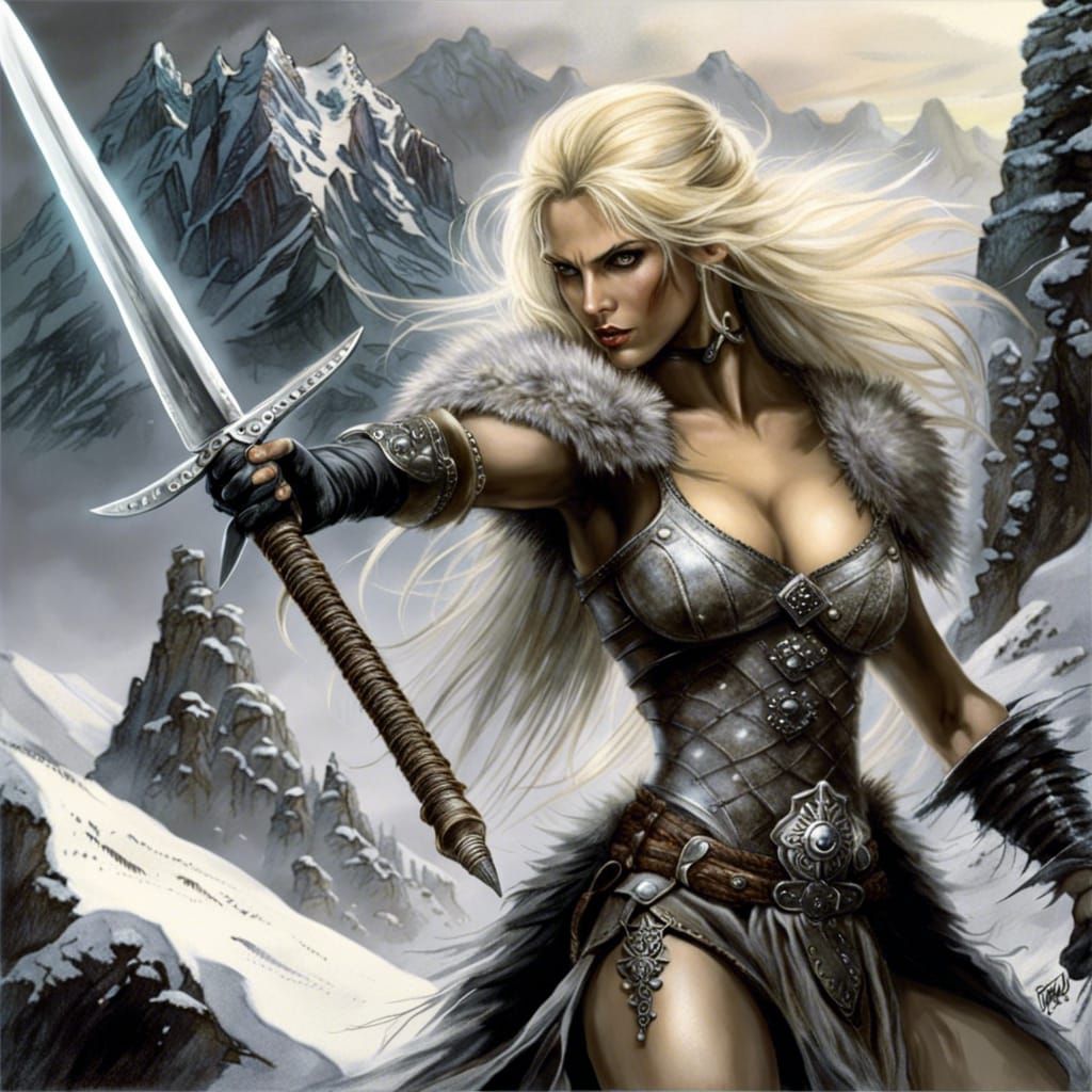 Adventuress Fighting Troll in Dark Fantasy Style