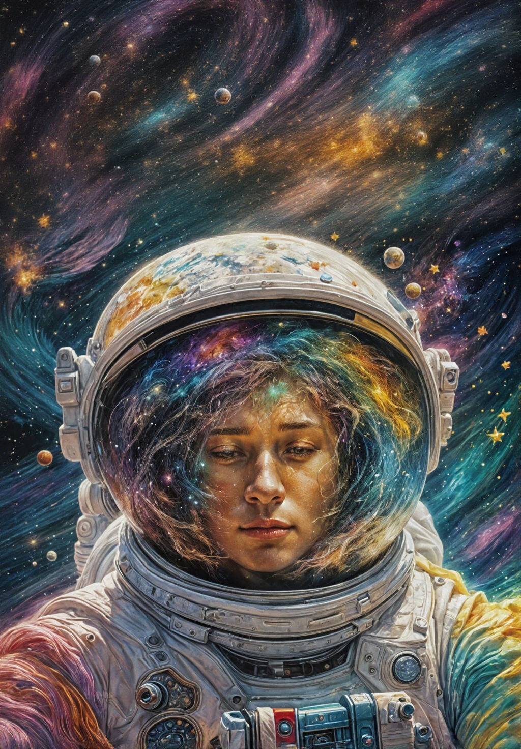 Surreal Astronaut Drifts Through Vibrant Cosmic Waves