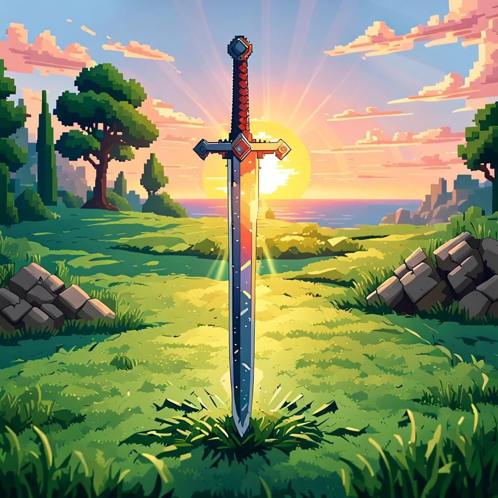 view of a slightly worn medieval sword stuck in the green la...