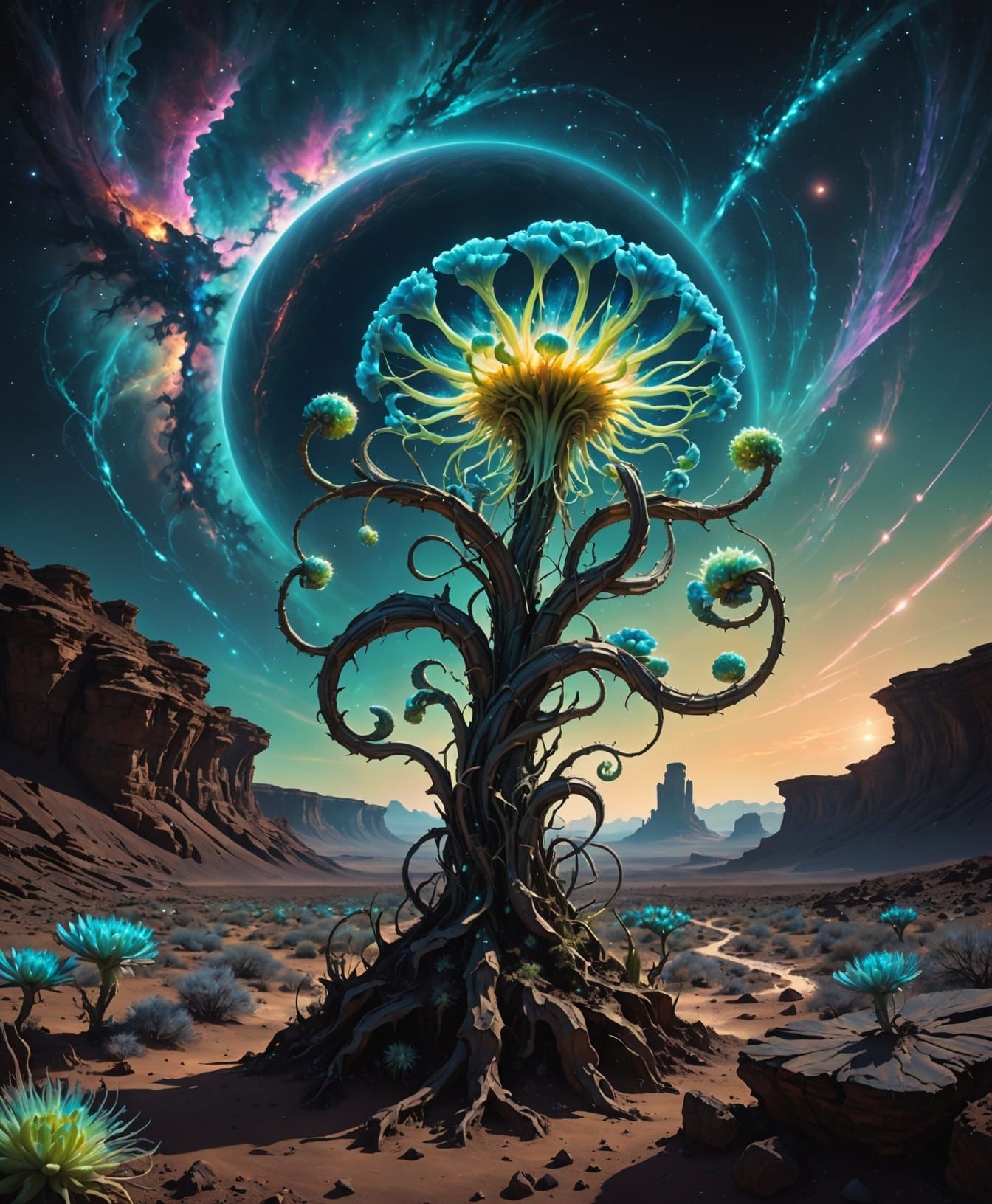 Bioluminescent Alien Plant Blooms Under Nebula Sky