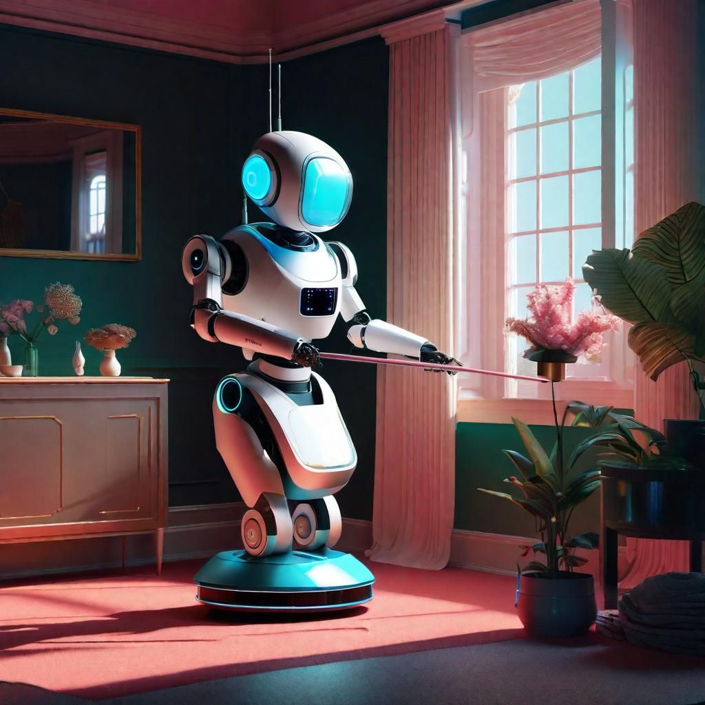Futuristic Android Robot Maid Cleaning House