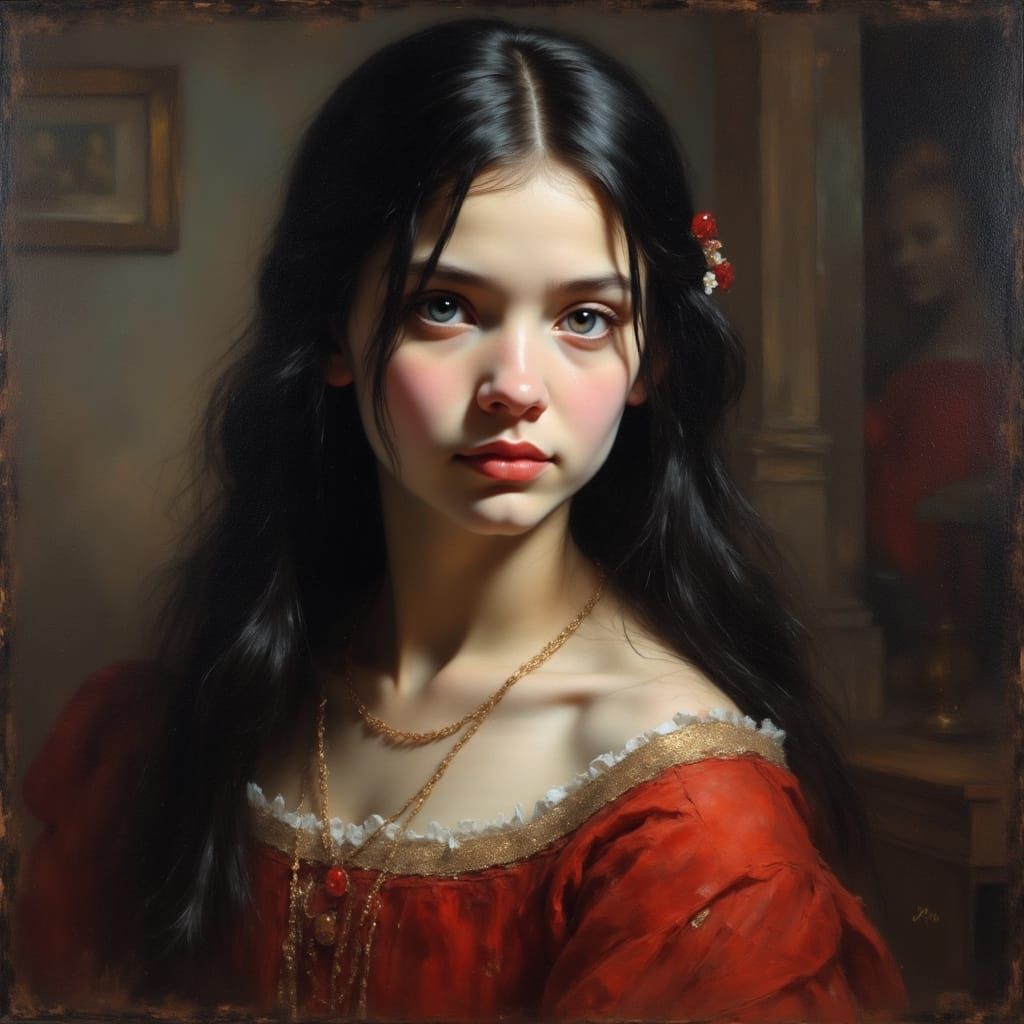 Young Woman in Red Dress: Rembrandt-Style Portrait