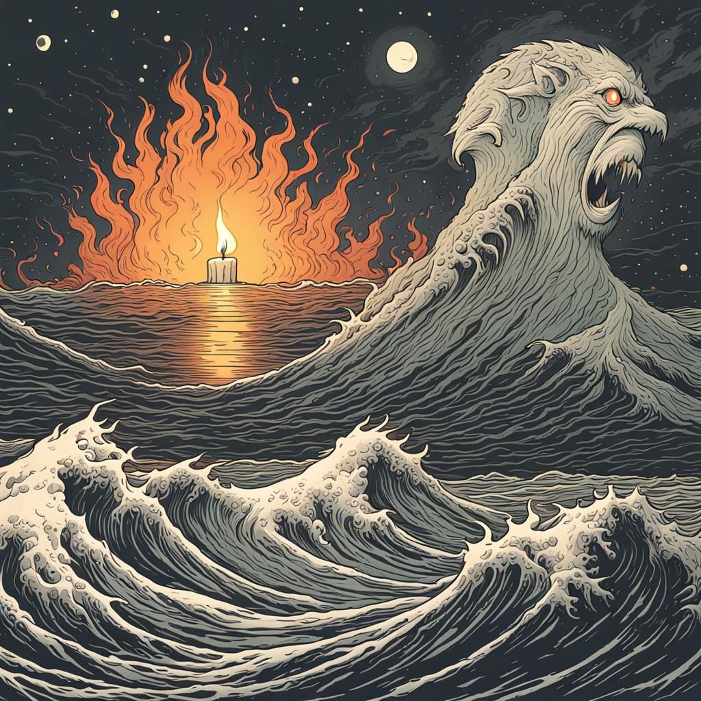 A Man Transforms into a Fiery Beast Amidst a Turbulent Tidal...