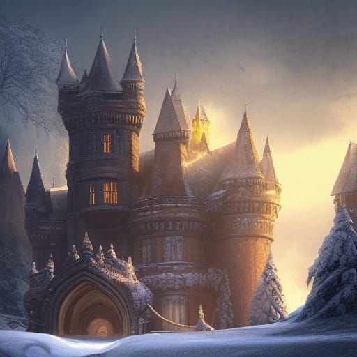 Atmospheric Abandoned Castle in Snowy Landscape