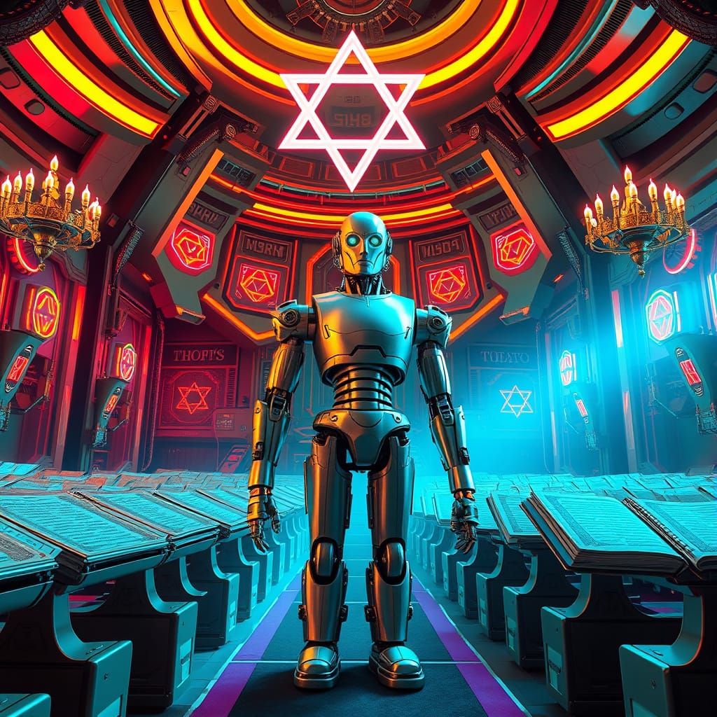 Robot in Futuristic Synagogue with Neon Menorahs