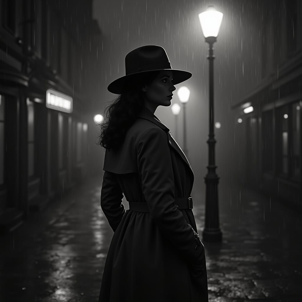 Classic Film Noir Woman Stands Under Streetlamp, 1940s City ...