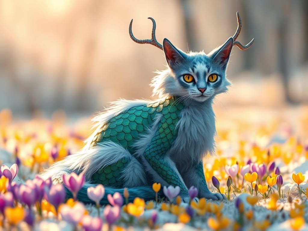 Dreamlike Dragon-Cat in Winter Forest