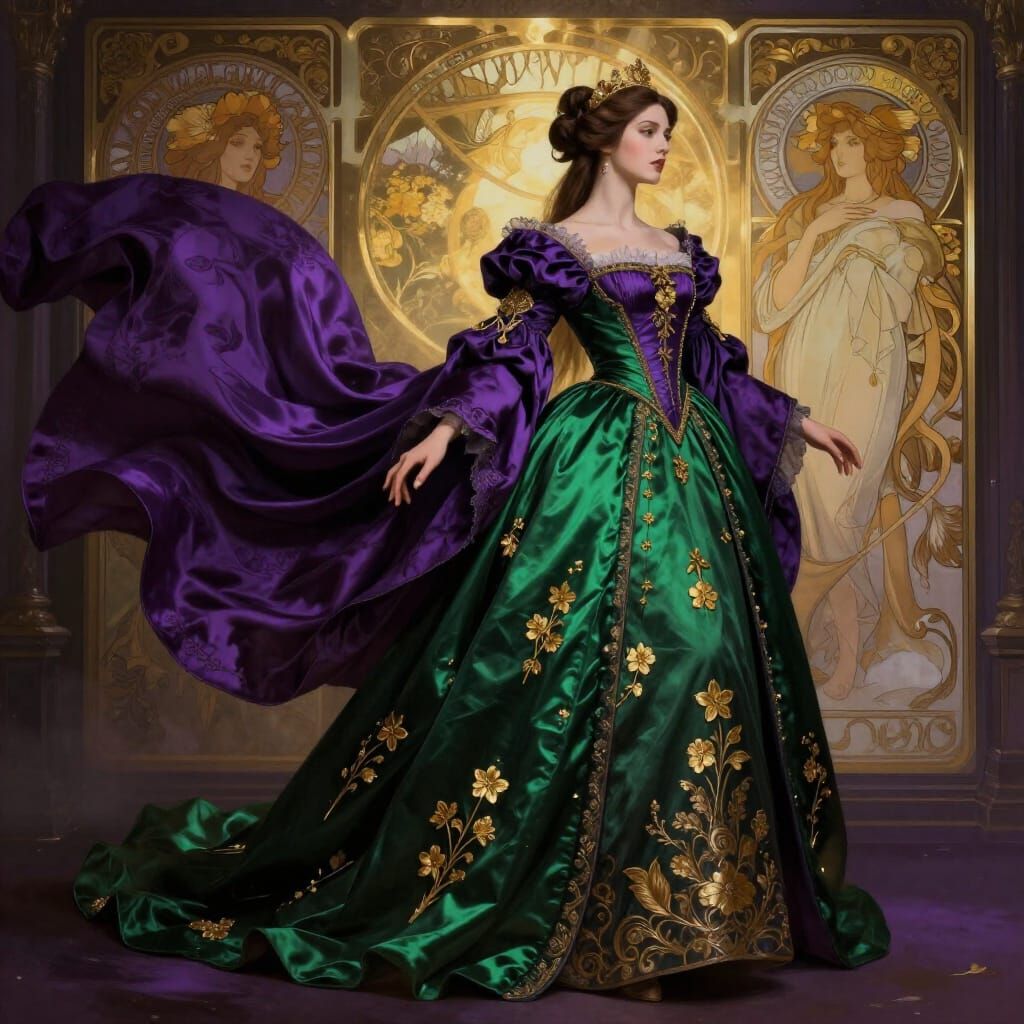 Renaissance Gown of Purple and Green Satin with Gold Flowers