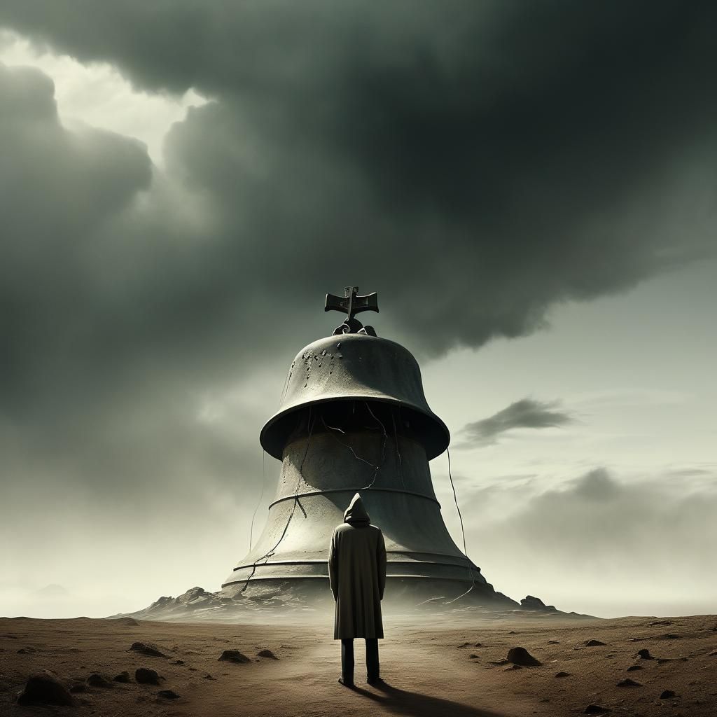 Ominous Bell Tolls in Desolate Surrealist Landscape