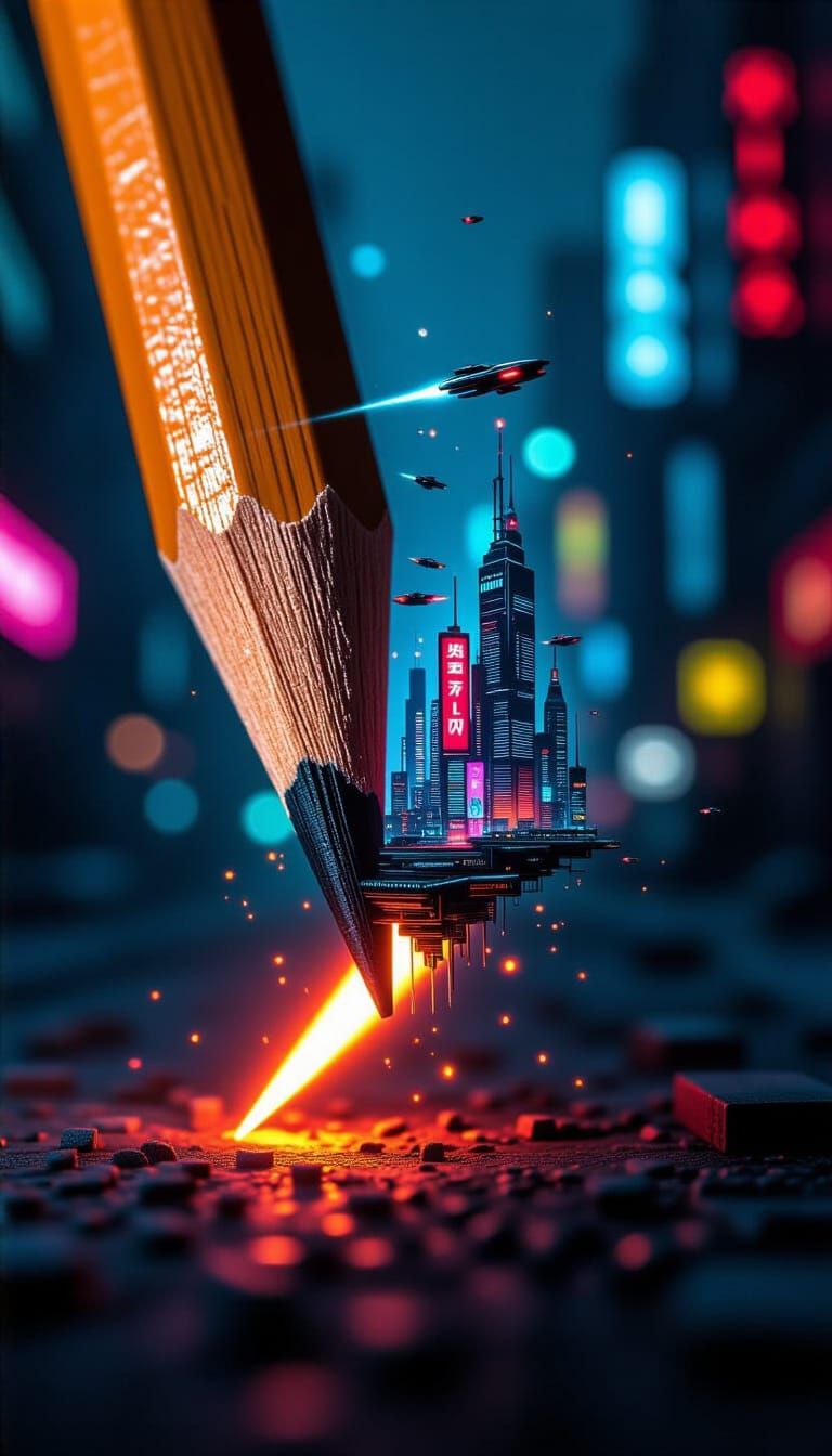 Cyberpunk Cityscape Emerges From Glowing Pencil Tip