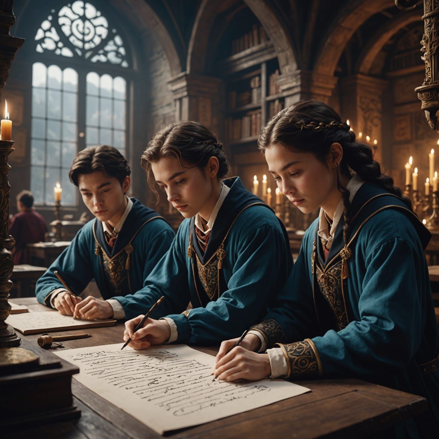 Magic School Students Practicing Calligraphy