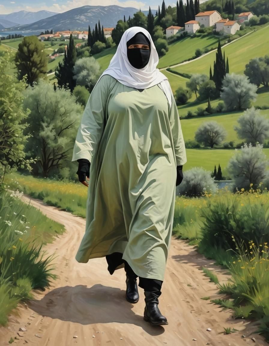 Overweight Niqabi Woman Walking in Croatia as Oil Painting