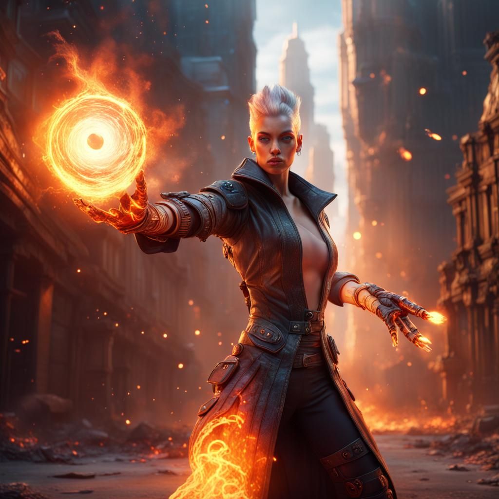 Cyberpunk Mage Casting Fireball in Urban Setting